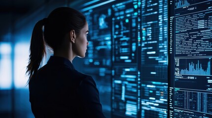 Poster - A woman in a suit analyzes complex data on digital screens, surrounded by blue light, suggesting a tech-savvy environment focused on information processing.