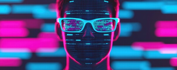 Poster - A futuristic, digital-themed portrait of a person wearing glasses, with vibrant pink and blue coding elements overlaying their face.