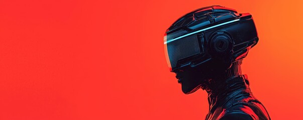 Poster - A futuristic silhouette of a humanoid figure with a high-tech visor, set against a vibrant red background.