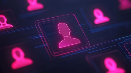 Poster - A digital representation of user profiles in neon pink, set against a dark background, suggesting themes of technology and connectivity.