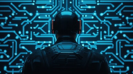 Poster - A futuristic figure with headphones stands before a glowing circuit board, embodying themes of technology and digital innovation.