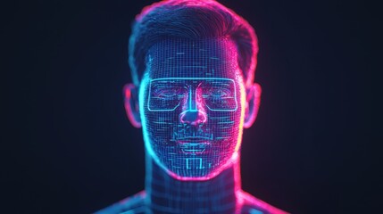 Poster - A digital representation of a human face with glowing lines and a futuristic aesthetic, emphasizing technology and artificial intelligence.