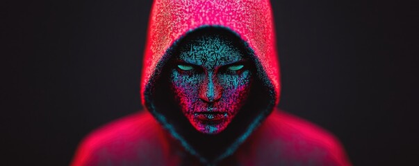 Poster - A digital portrait of a hooded figure, illuminated with vibrant colors, showcasing intricate patterns on the face against a dark background.