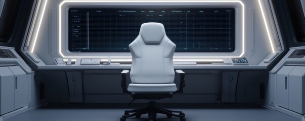 Poster - A futuristic control room featuring a sleek white chair in front of a large screen, illuminated by modern lighting.