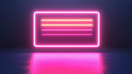 Poster - A vibrant neon rectangle with horizontal lines, glowing in pink and purple tones against a dark background, reflecting on a smooth surface.