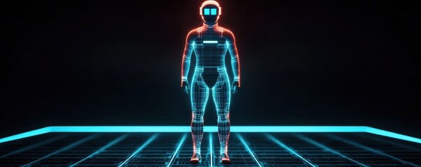 Poster - A futuristic digital figure is displayed in neon blue and red lines, set against a dark background, resembling a holographic representation of a human.