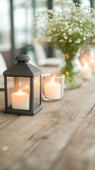 Poster - Lanterns glowing softly on a rustic wooden table during a cozy evening gathering