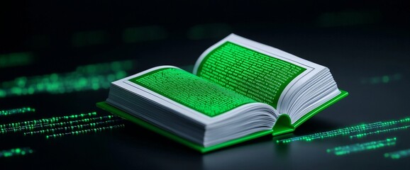 In a futuristic, high-tech setting, a bright green book displaying digital binary code embodies technology, cyber literature, and advanced learning.