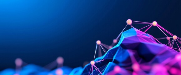 Poster - A 3D render of an abstract geometric background in a virtual reality environment, featuring a cyber space landscape with mountains. The mesh surface glows with neon light.