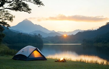 Wall Mural - Peaceful campsite by a serene lake at sunset near mountains in a tranquil setting