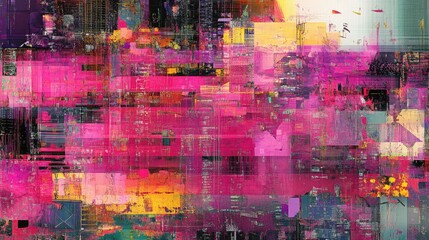 Poster - Broken data stream, with overlapping layers of distorted text and geometric shapes in neon hues
