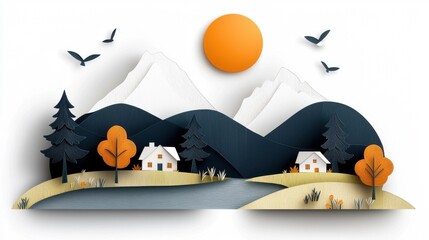 Wall Mural - Picturesque countryside scene featuring a cozy cottage or homestead surrounded by a vibrant autumn landscape of rolling hills forests and a warm sunset sky