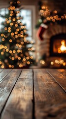 Poster - Cozy living room with fireplace and Christmas tree during festive season