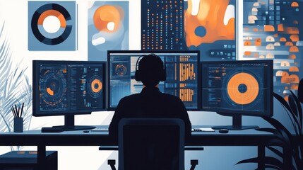 Poster - Futuristic Workspace with Multiple Monitors and Data
