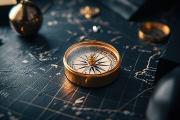 A realistic close-up of a vintage compass on an old map, every scratch and patina on the brass instrument intricately detailed