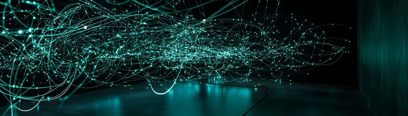Poster - Intricate Network Of Glowing Teal Lines And Points In Dark Room