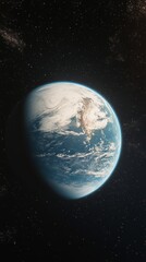 Wall Mural - View of Earth from space showing clouds and oceans with a starry background