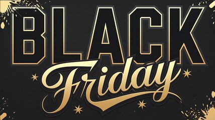 Luxurious Black Friday Design Showcasing Bold Black Letters, Elegant Gold Script, and Golden Splatter Details Set Against a Dark Background for a Stunning Sale Promotion