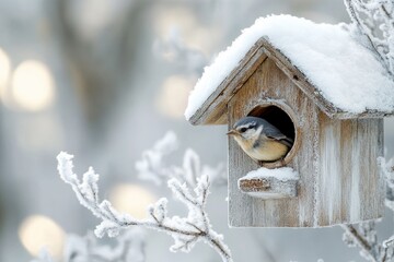 Wall Mural - Eurasian nuthatch peeking out of birdhouse in snowy winter wonderland