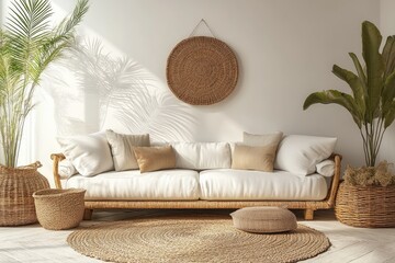 Poster - White sofa with pillows standing in light boho style living room with plants and wicker decorations