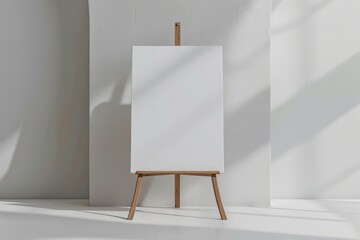 Poster - White blank canvas standing on wooden easel in sunlit minimalist gallery interior