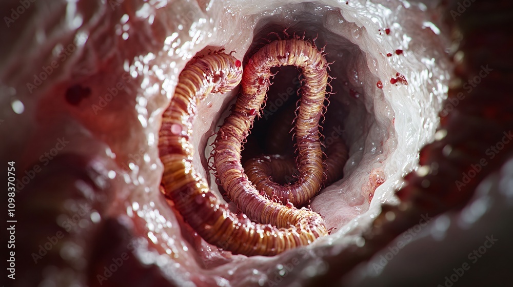 Microscopic View of Tapeworm Attached to Intestinal Lining with ...