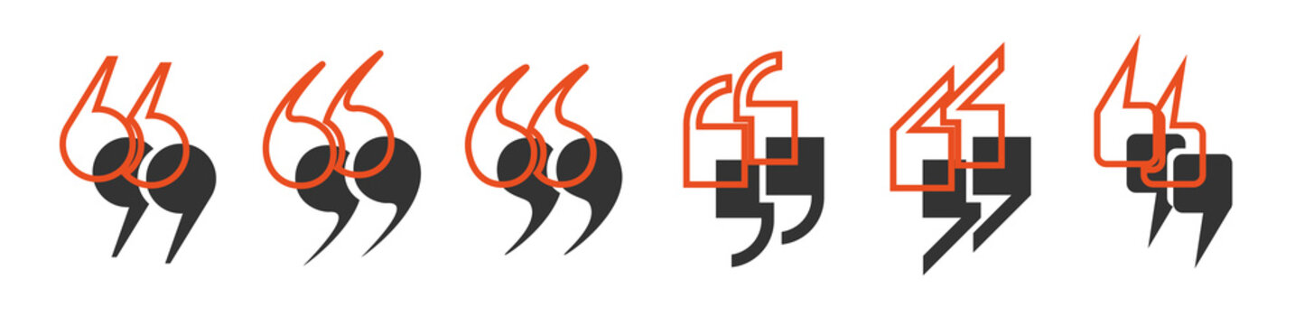 A set of black quotation marks with red outlines on a white background. A collection of quotation marks, a vector icon in the form of a comma. Vector EPS 10.