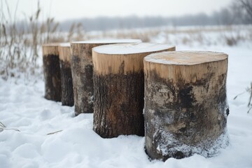 Wall Mural - Tree stumps covered with snow in winter landscape