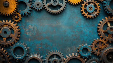 Leinwandbilder - Rusty gears creating a frame on metallic background with copy space