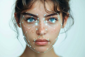 Poster - Facial recognition system identifying young woman with digital network on face