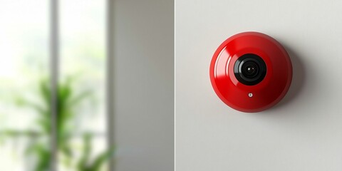 Poster - Fire alarm and emergency detection. A vibrant red security camera mounted on a wall, with a blurred indoor background featuring green plants.