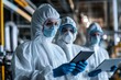 © Ideenkoch - Industrial Scientists Wearing Disposable Protective Suits, Masks and Goggles at a Production Plant