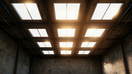 Poster - Fire alarm and emergency detection. A spacious interior with skylights illuminating a textured wall, creating a warm, inviting atmosphere.