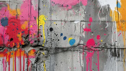 Wall Mural - Photograph of a concrete wall used as a canvas for abstract art, with splashes and drips of paint.