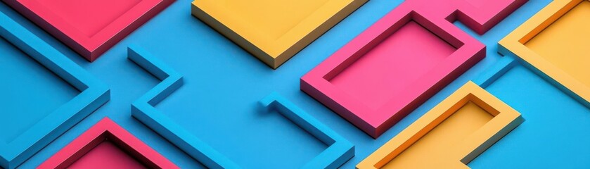 Poster - A vibrant arrangement of colorful rectangular shapes on a blue background, creating a dynamic and playful visual effect.