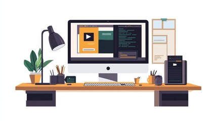 Aufkleber - Modern computer display on an office desk with a web design studio concept page. Web design company presentation