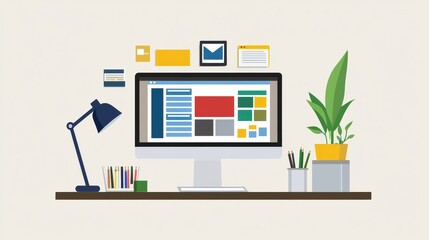 Aufkleber - Modern computer display on an office desk with a web design studio concept page. Web design company presentation