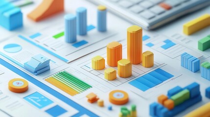 Poster - a colorful arrangement of 3d charts and graphs on a workspace, highlighting data analysis and visual