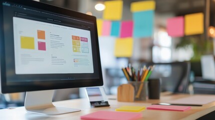 Aufkleber - Modern computer display on an office desk with a web design studio concept page. Web design company presentation