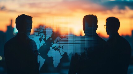 Poster - Global climate fund. Silhouetted figures against a sunset, with a digital world map overlay, symbolizing global connection and collaboration in a modern context.