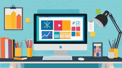 Fototapete - Modern computer display on an office desk with a web design studio concept page. Web design company presentation