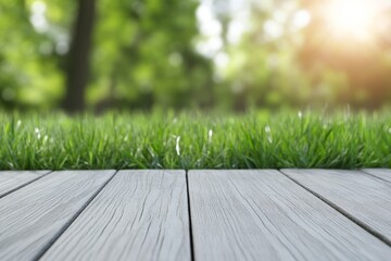 Poster - Wooden deck overlooking lush green grass in a sunny outdoor setting