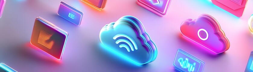 Poster - Neon Cloud Computing Symbols Digital Technology Abstract