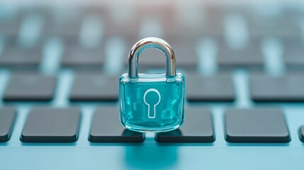 Poster - IT security. A close-up of a blue padlock positioned on a keyboard, symbolizing digital security and protection of online information.