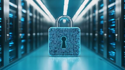 Poster - healthcare it security. a digital padlock stands prominently in a server room, symbolizing data secu