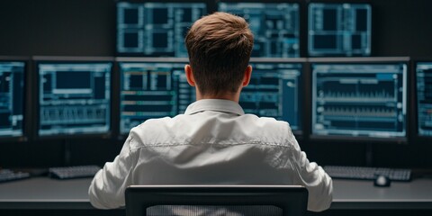 Poster - healthcare it security. a focused individual analyzes data on multiple computer monitors in a modern