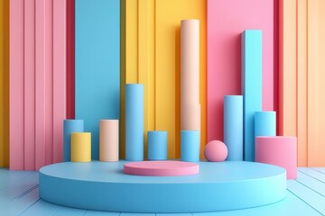 Poster - A vibrant, abstract arrangement of geometric shapes in pastel colors, set against a colorful backdrop of vertical stripes.