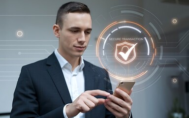 Poster - Secure Transactions: A businessman confidently uses his smartphone, with a digital shield and checkmark symbolizing secure transactions, representing trust, security.