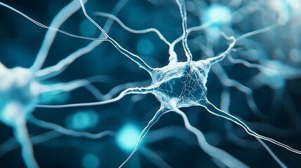 Poster - Healthcare IT security. A close-up view of a neuron, showcasing its intricate structure and connections, with a blue and black background that highlights its dynamic nature.