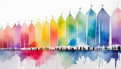 Poster - vibrant multicolored spectrum silhouettes of diverse individuals, rendered in a watercolor style on 